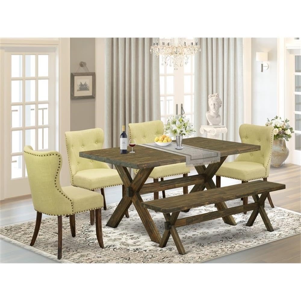 East West Furniture X776Si737-6 6 Piece Kitchen Table Set Contains A Rectangle Dining Table With X-Legs And 4 Limelight Linen Fabric Parson Chairs With A Bench, 36X60 Inch, Multi-Color